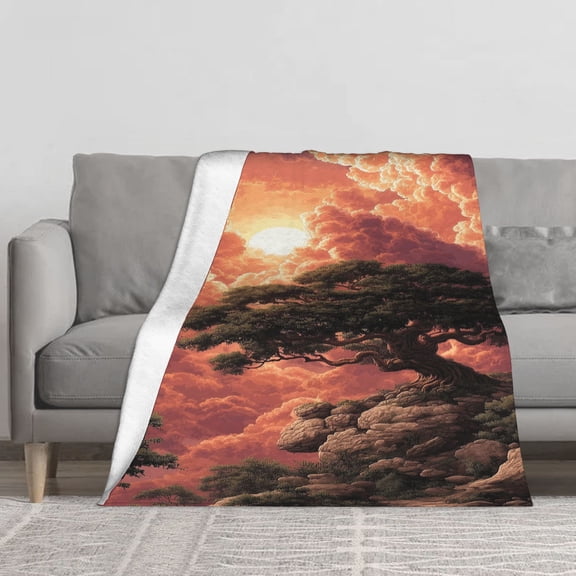 Soft Fleece Throw Blanket, Ancient Pine Tree On Rocky Cliff Amidst Giant Sunset Clouds Retro Art Print, Serene Oriental Nature Scene Decor Blanket