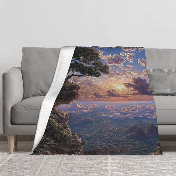 Soft Fleece Throw Blanket, Anime Cliff Giant Tree Sunset Cloud Valley Landscape Print, Cozy Lightweight Decor Blanket for Sofa, Bed and Home