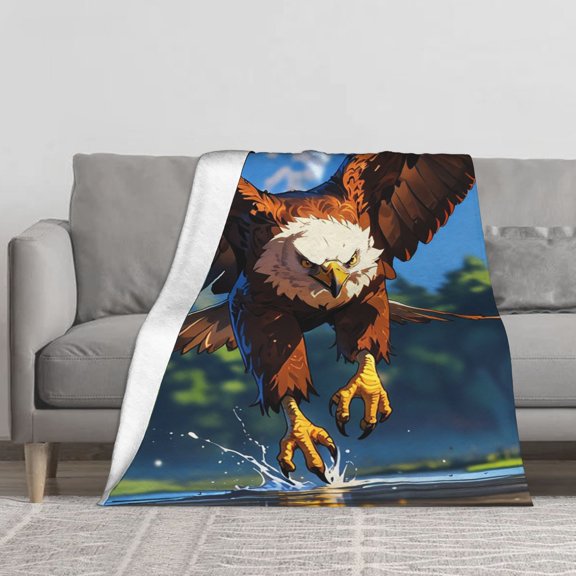 Soft Fleece Throw Blanket, Cartoon Bald Eagle Swooping Over Water Wildlife Art Print, Vivid Animal Themed Decor Fleece Throw Blanket