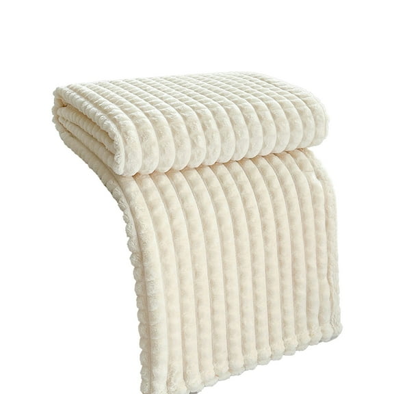 Soft Fleece Throw Blanket for Couch, 40x28 Inches, Warm Fluffy Microfiber Blanket, Cream Solid Color Striped Decorative Blanket, 1-Piece Giftable Throw