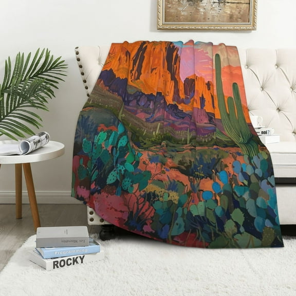 Desert Landscape Throw Blanket – Soft Cozy Warm Cactus Sunset Fleece Blanket for Couch, Bed, Living Room, Boho Home Decor Christmas Gift