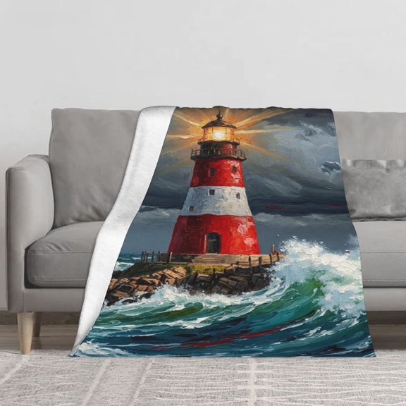 Soft Fleece Throw Blanket, Red White Lighthouse in Stormy Ocean Waves Oil Painting Print, Nautical Seascape Coastal Art Decor Warm Throw Blanket