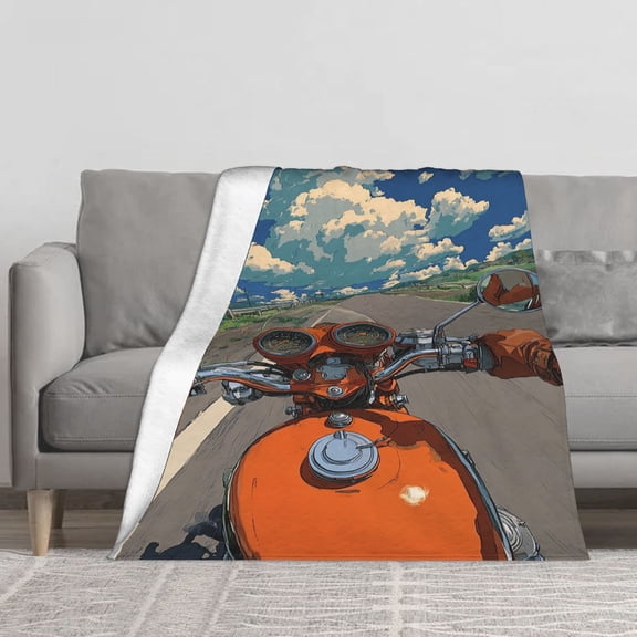 Soft Fleece Throw Blanket, Retro Anime Motorcycle First‑Person Highway Sky Clouds Scenery Print, Cool Adventure Theme Fleece Blanket