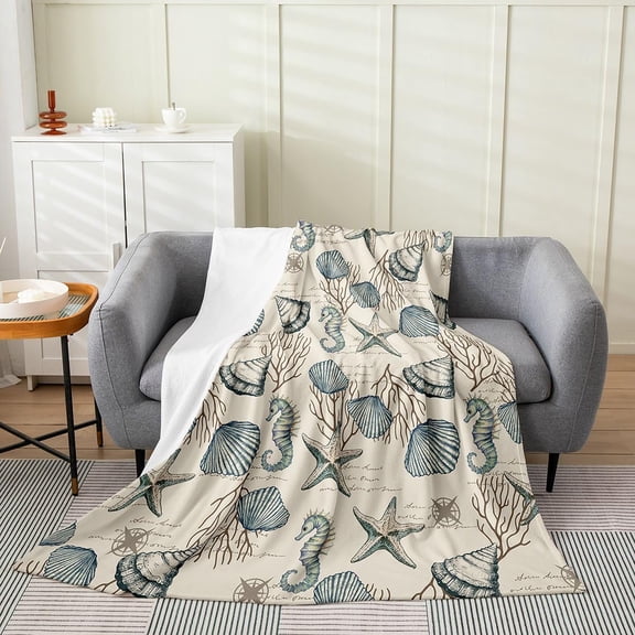 Soft Fleece Throw Blanket Vintage Coastal Nautical Seahorse Starfish Seashell Coral Pattern Plush Warm Blanket for Couch Bed Sofa