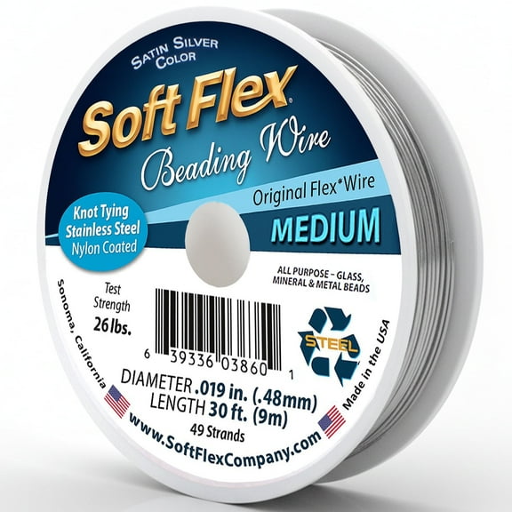 Soft Flex 49-Strand Medium Beading Wire, SFW, Satin Silver, 0.019" x 30ft