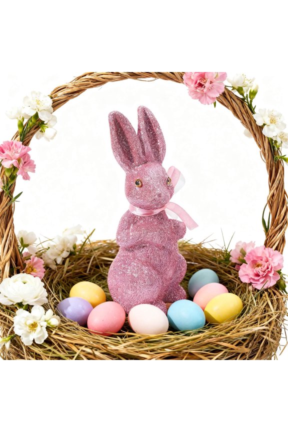 Soft Flocked Easter Bunny Decor with Gold Glitter & Bow, Pink Easter Figure for Table Centerpiece, Mantel Home Decorations