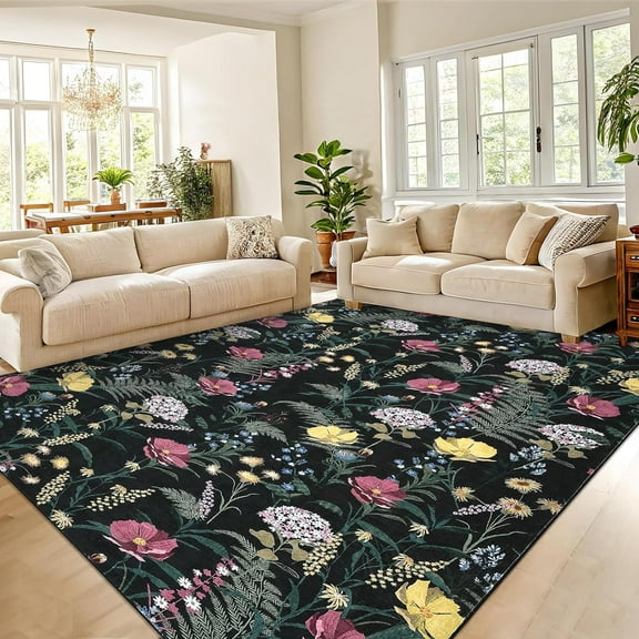 Soft Floral Area Rugs, Washable Living Room Rugs with Non-Slip Backing, Low-Pile, Non-Shedding, Foldable, for Dining Home Office