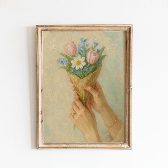 Soft Floral Bouquet Gentle Hands Wall Decor Unframed Paper Print