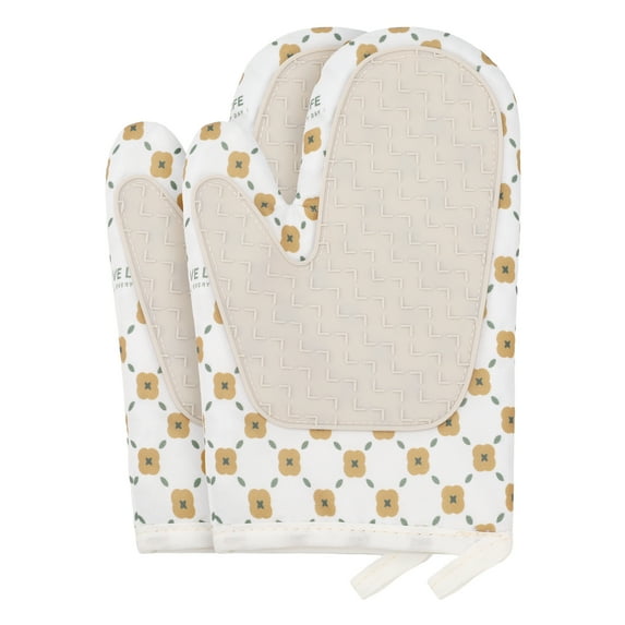 Soft Floral Oven Mitts, Heat-Resistant Cooking Gloves, Thick Cotton Lining, Gripping for Baking, Kitchen Mitts Set of 2 Beige 10.4x7.1inch