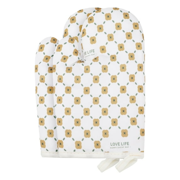 Soft Floral Oven Mitts, Heat-Resistant Cooking Gloves, Thick Cotton Lining, Gripping for Baking, Kitchen Mitts Set of 2 White/Yellow 10.4x7.1inch