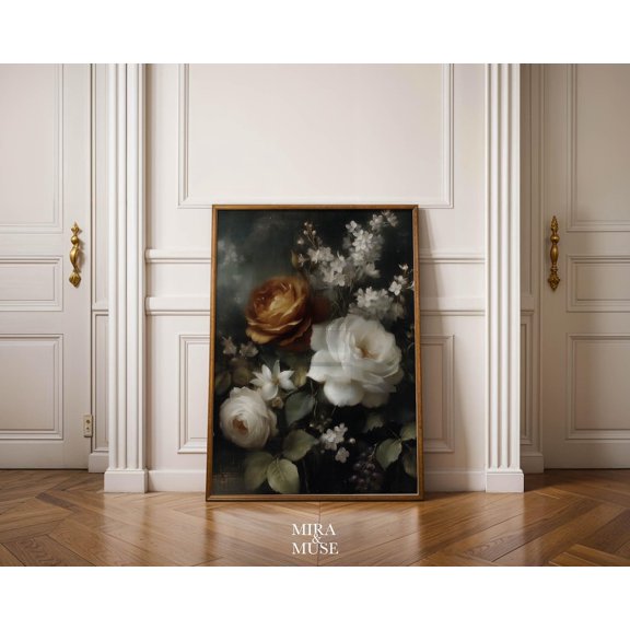 Soft Floral Poster, Golden And White Roses Still Life Art Poster, Romantic Vintage Wall Decor, 16x24 UNFRAMED