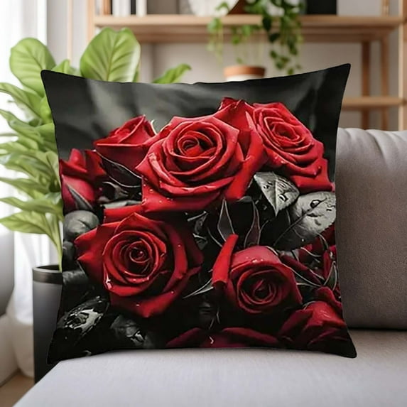 Soft Floral Velvet Throw Pillow Covers for Sofa Couch Armchair At Home for Living Room, Black Rose Vintage Print Flower Decorative Square Cushion Pillowcases