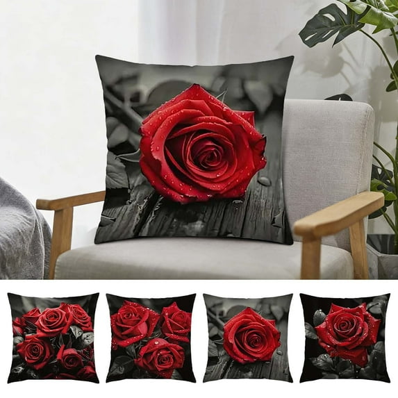Soft Floral Velvet Throw Pillow Covers for Sofa Couch Armchair At Home for Living Room, Black Rose Vintage Print Flower Decorative Square Cushion Pillowcases