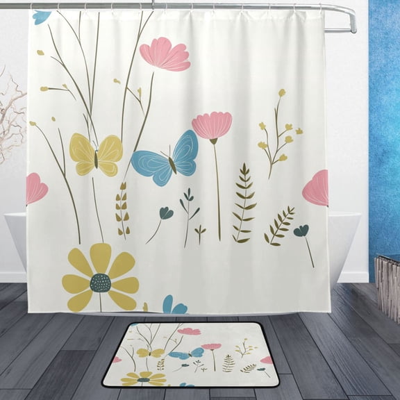 Soft Floral and Butterfly Bathroom Accessory Sets Waterproof Shower Curtain with Anti-Slip Bath Mat Durable Combo