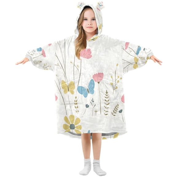 Soft Floral and Butterfly Wearable Blankets Hoodie Oversize Sherpa Wearable Soft Blanket Warm Cozy 3-14 Age