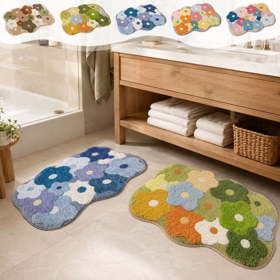 Soft Flower-Shaped Bath Mats with Rich Colorful Floral Prints, Water-Absorbent Anti-Slip Waterproof Rugs, Comfortable Decorative Floor Mats for Home Bathrooms and Restrooms, Khaki
