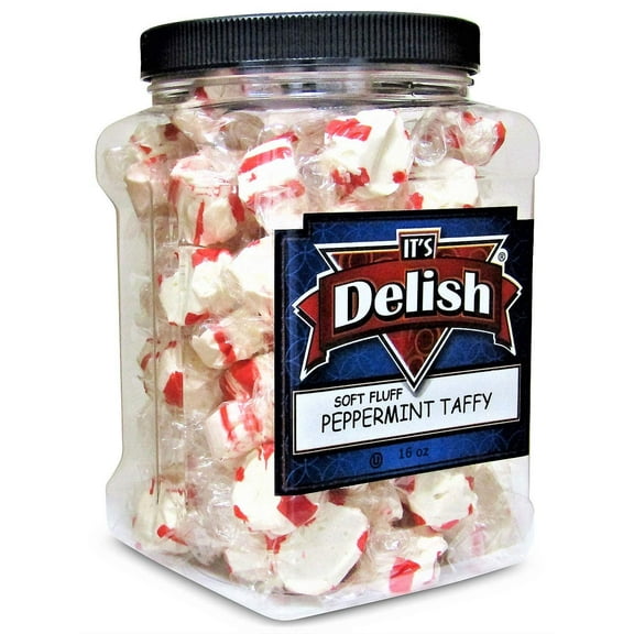 Soft Fluff Peppermint Taffy Chews by Its Delish - 16 Oz Jumbo Reusable Container - Individually Wrapped Minty Sweet & Juicy Candy Taffies