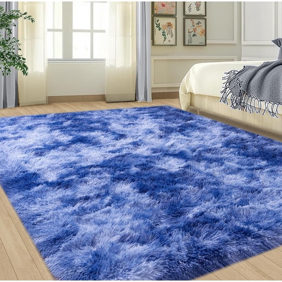 Soft Fluffy Area Rug for Bedroom, Indoor Modern Tie Dye Blue Plush Shaggy Rugs 5x7 Feet, Non-Slip Fuzzy Shag Floor Carpet for Living Room, Throw Rugs for Home Decor
