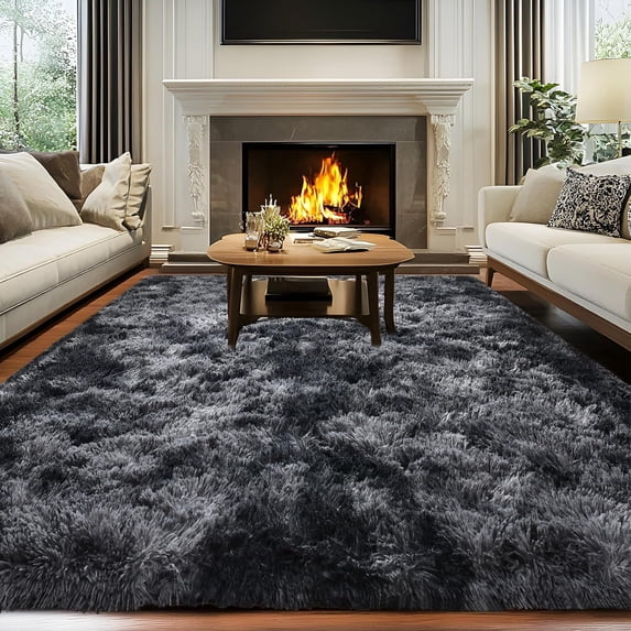 Soft Fluffy Area Rug for Bedroom, Indoor Modern Tie-dyed Black&grey Plush Shaggy Rugs 5x7 Feet, Non-Slip Fuzzy Shag Floor Carpet for Living Room, Throw Rugs for Home Decor
