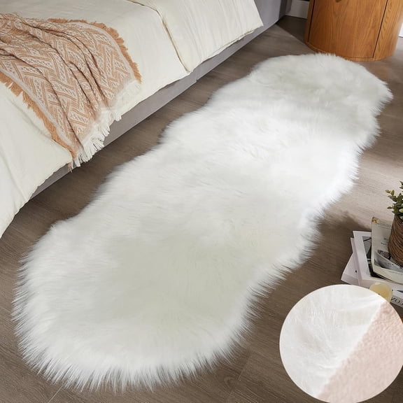 Soft Fluffy Area Rugs 4 x 2ft Shaggy Faux Fur Sheepskin Rug White Plush Fluffy Carpet for Bedroom Bedside Living Room Floor Mats