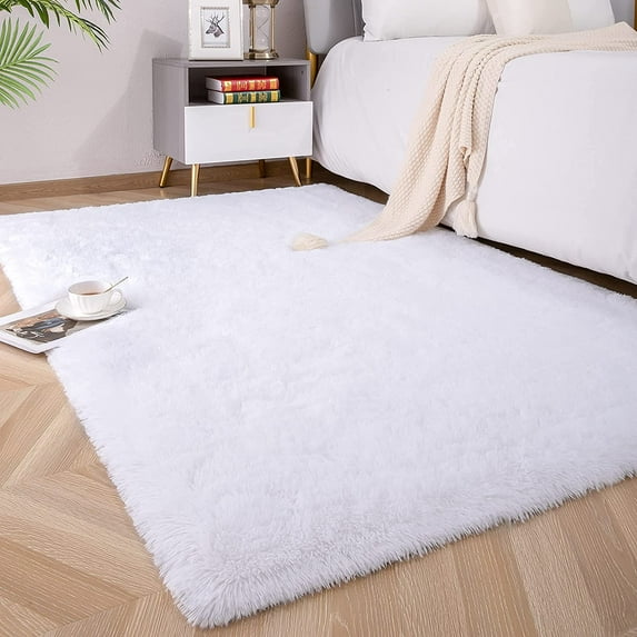 Soft Fluffy Area Rugs for Bedroom Kids Room Plush Shaggy Nursery Rug Furry Throw Carpets for Boys Girls, College Dorm Fuzzy Rugs Living Room Home Decorate Rug,White,4 x 5.2 Feet