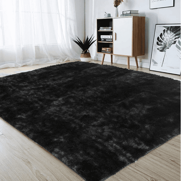 Soft Fluffy Area Rugs for Living Room, 5ft x 8ft Indoor Shaggy Plush Throw Rug Carpet Mat Non-Slip for Bedroom Dorm Home Decor, Black