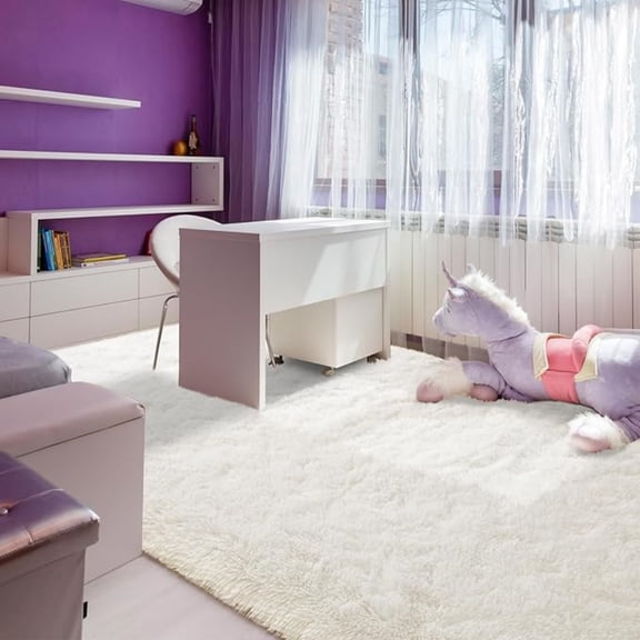 Soft Fluffy Bedroom Rugs, 5 x 8 Feet Indoor Shaggy P Area Rug for Boys Girls Kids Baby College Dorm Living Room Home Dr Floor Carpet, Cream White