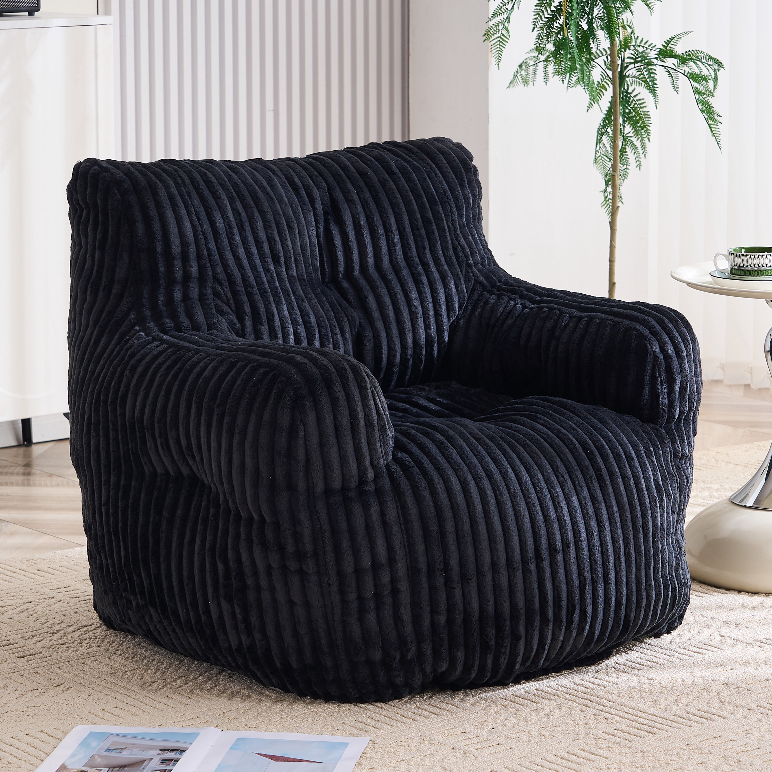 Soft Fluffy Corduroy Fabric Bean Bag Chair Filled With Memory Sponge,Black