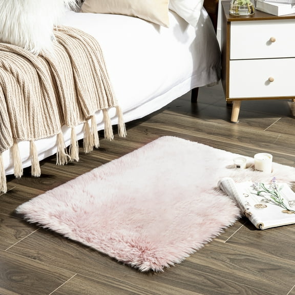 Soft Fluffy Faux Fox Fur Decorative Rug, Home Decor Rectangle 2 x 3 Feet, Pink White, 1 Pack