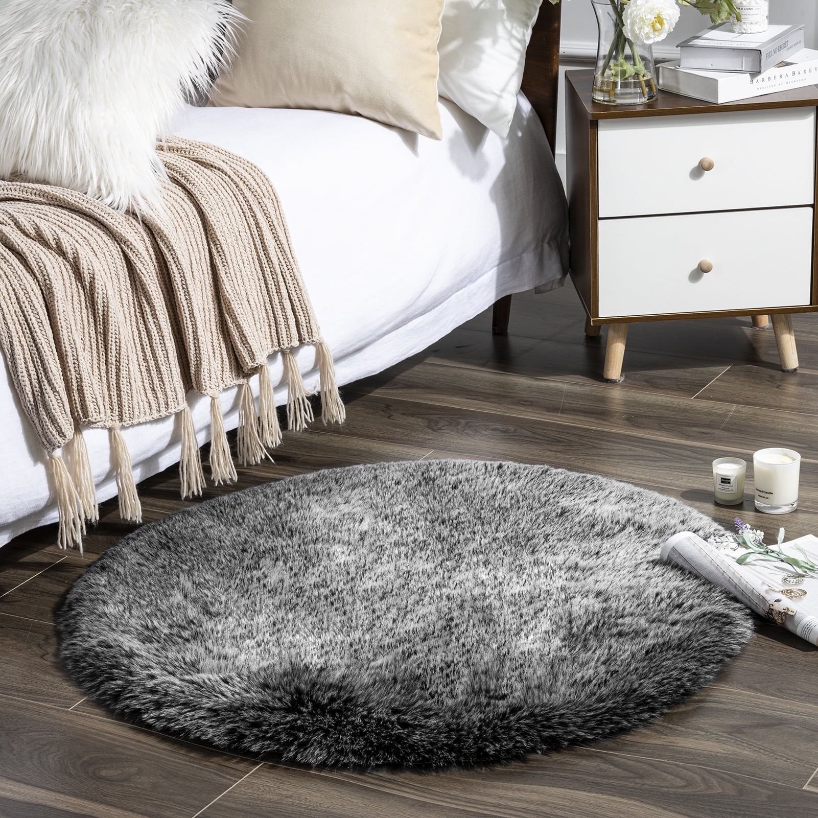 Ashler 3x3 ft Round Faux Fox Fur Area Rugs for Living Room Soft Fluffy ...