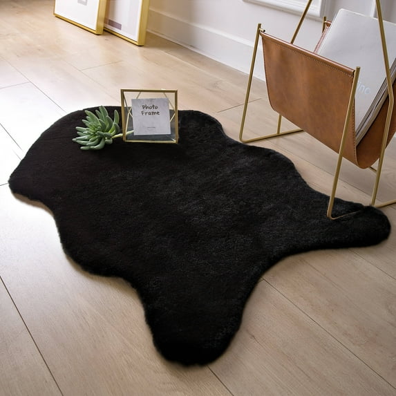 Soft Fluffy Faux Rabbit Fur Area Rugs, Indoor Decor Mat, 2 x 3 Feet, Black, 1 Pack