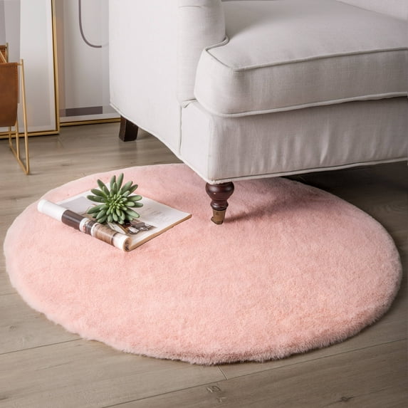 Soft Fluffy Faux Rabbit Fur Area Rugs, Indoor Decor Mat, 3 x 3 Feet, Round Pink, 1 Pack