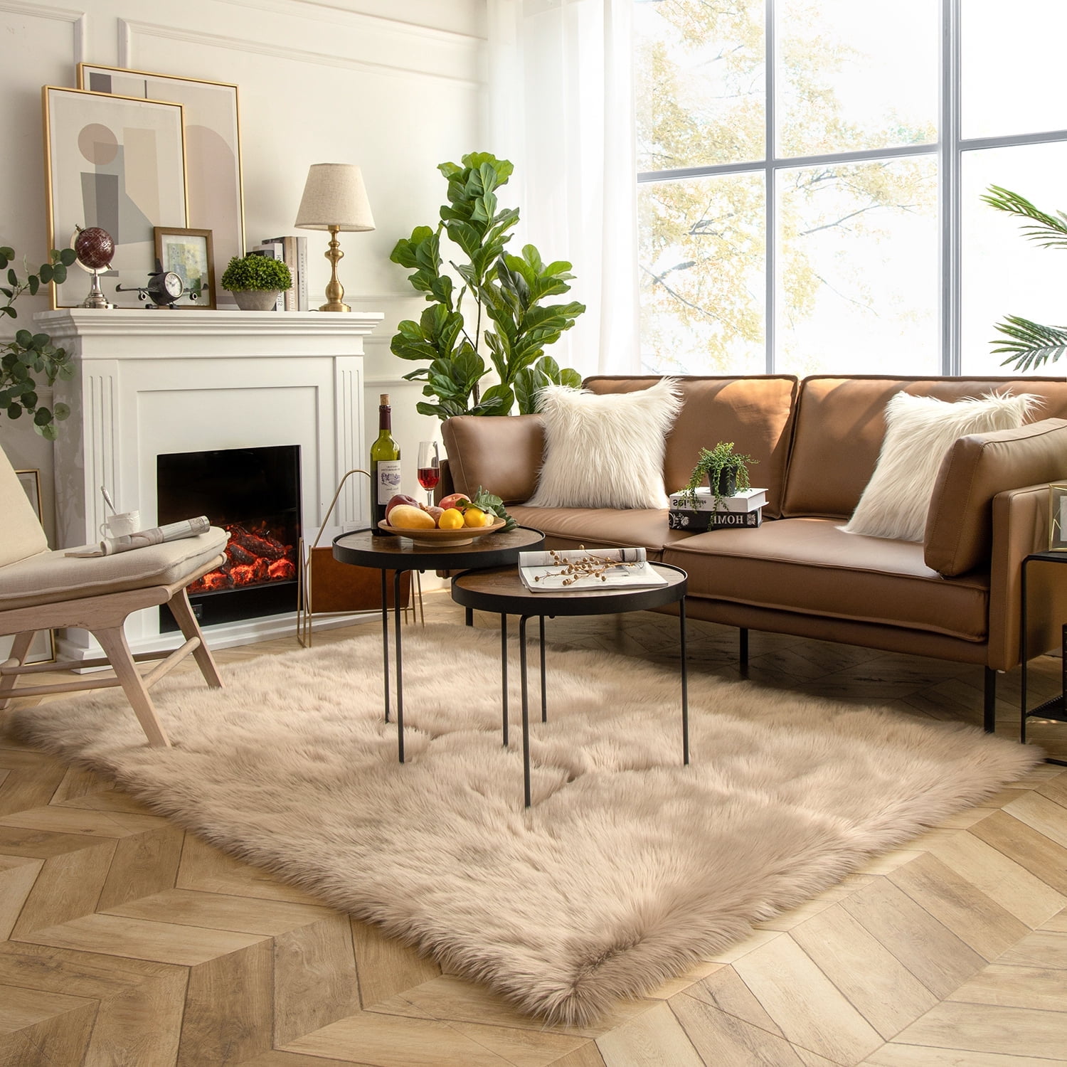 Soft Fluffy Faux Sheepskin Fur Area Rug, Home Decorative Indoor Floor Mat, Rectangle Beige, 3 x 5 Feet