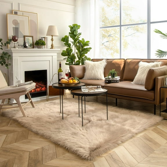 Soft Fluffy Faux Sheepskin Fur Area Rug, Home Decorative Indoor Floor Mat, Rectangle Beige, 3 x 5 Feet
