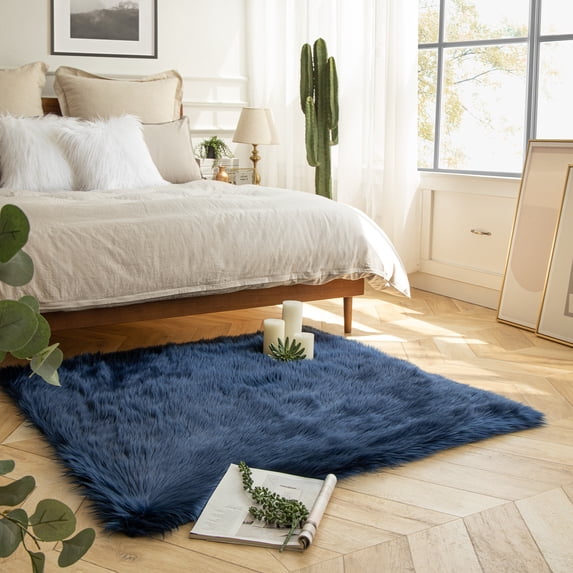 Soft Fluffy Faux Sheepskin Fur Area Rug, Home Decorative Indoor Floor Mat, Rectangle Dark Blue, 3 x 5 Feet