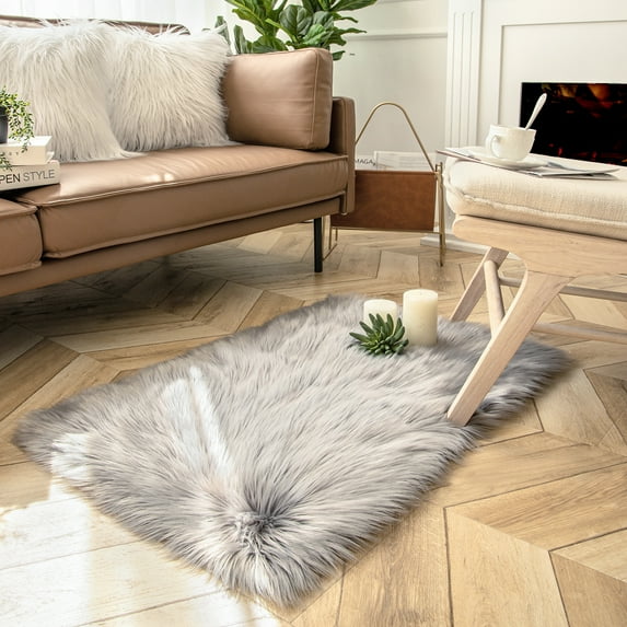 Soft Fluffy Faux Sheepskin Fur Area Rug, Home Decorative Indoor Floor Mat, Rectangle Gray, 2 x 3 Feet