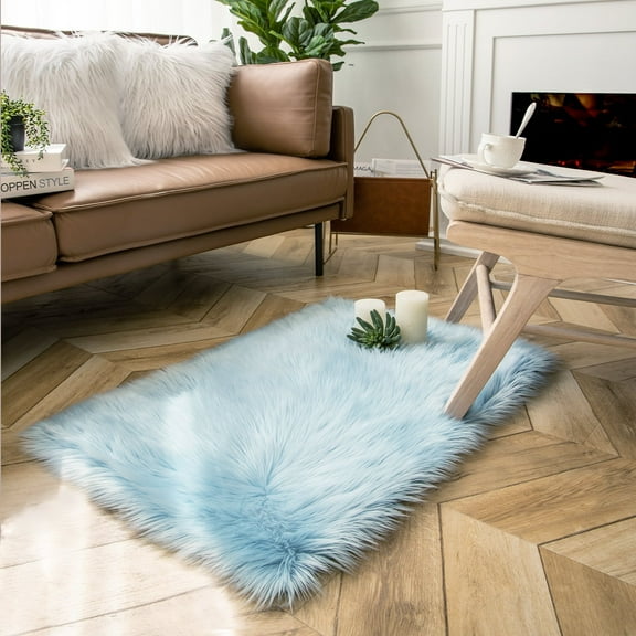 Soft Fluffy Faux Sheepskin Fur Area Rug, Home Decorative Indoor Floor Mat, Rectangle Light Blue, 2 x 3 Feet