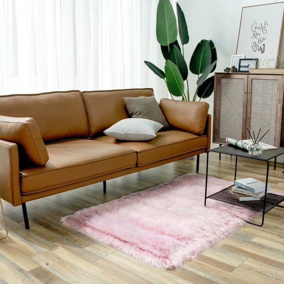 Soft Fluffy Faux Sheepskin Fur Area Rug, Home Decorative Indoor Floor Mat, Rectangle Pink, 3 x 5 Feet