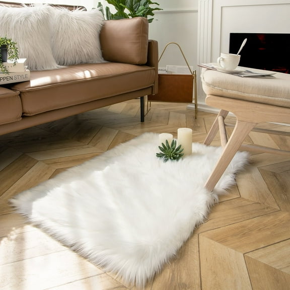 Soft Fluffy Faux Sheepskin Fur Area Rug, Home Decorative Indoor Floor Mat, Rectangle White, 2 x 3 Feet