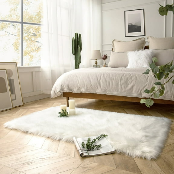 Soft Fluffy Faux Sheepskin Fur Area Rug, Home Decorative Indoor Floor Mat, Rectangle White, 3 x 5 Feet