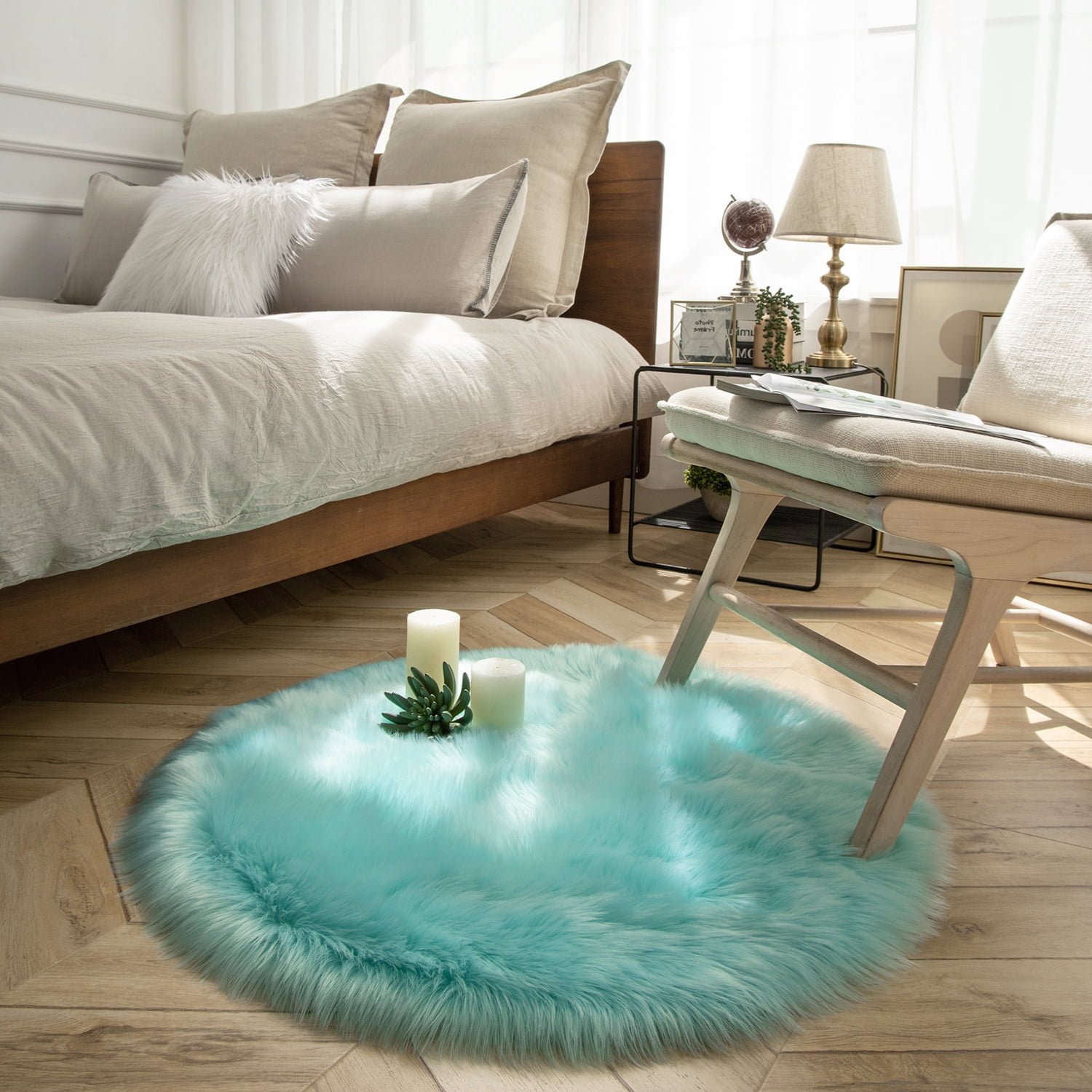 Soft Fluffy Faux Sheepskin Fur Area Rug, Home Decorative Indoor Floor Mat, Round Green, 3 x 3 Feet