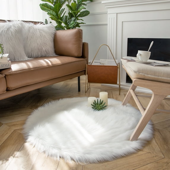 Soft Fluffy Faux Sheepskin Fur Area Rug, Home Decorative Indoor Floor Mat, Round White, 3 x 3 Feet