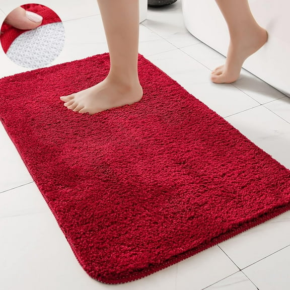 Soft Fluffy Microfiber Bath Rugs Absorbent Non-Slip 24" x 35" Red Shaggy Bathroom Mats Machine Washable Bedroom Kitchen Rug