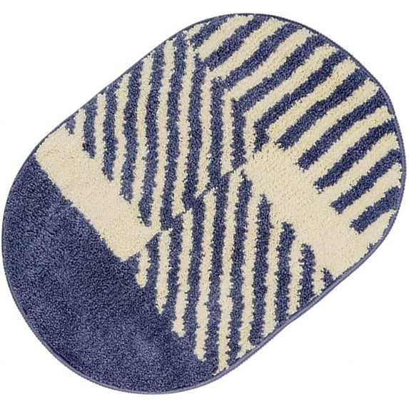 Soft Fluffy Microfiber Oval Bathroom Rugs Non-Slip Strong Water Absorption Bath Mat (Blue and White Stripes, 18"x26")