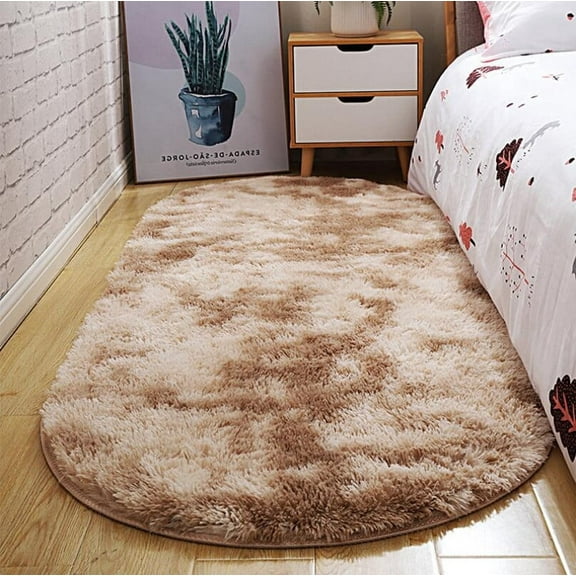 Soft Fluffy Oval Area Rug 2.6 x 5.3ft Tie Dye Beige Plush Shaggy Carpet Floor Mat for Girls Kids Room Bedroom Bedside Decor