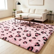 MUSICWAKER Pink Leopard Print Shag Rug, Washable Soft Indoor Carpet,4x6 ft