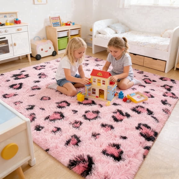 Musicwaker Pink Leopard Print Shag Rug, Washable Soft Indoor Carpet,4x6 ft