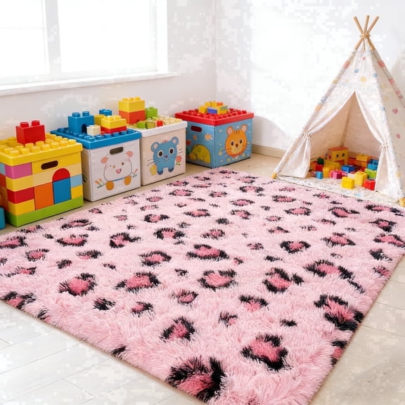 Musicwaker Pink Leopard Print Area Rug, 5'x8', Non-Slip Backing Modern Indoor Decor Rug for Living Room, Bedroom & Kitchen