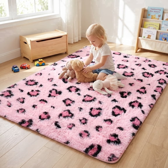 Musicwaker Soft Pink Leopard Shag Rug, Washable Indoor Decor Carpet , 6x9 ft
