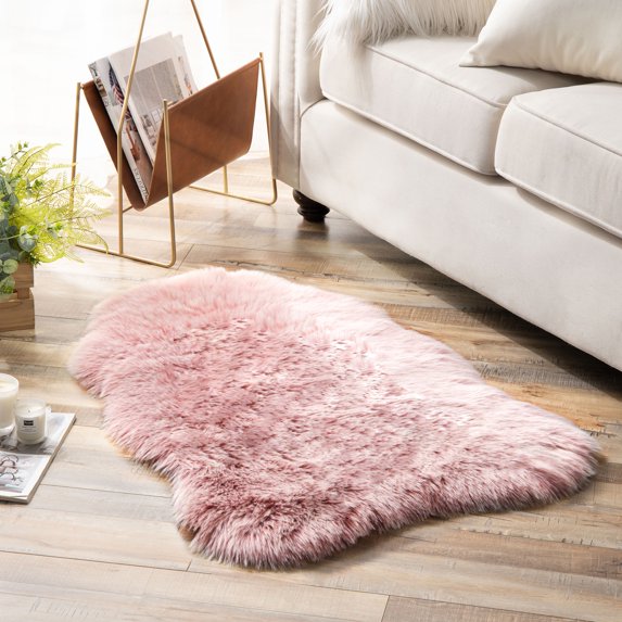 Soft Fluffy Plush Faux Fox Fur Shag Rug, Home Decor 2 x 3 Feet, Pink White, 1 Pack